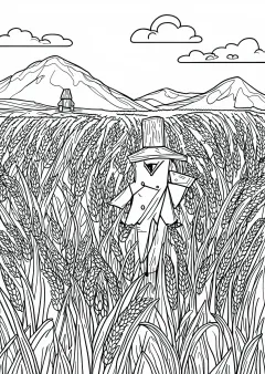 かかしと田んぼの塗り絵（こまかい）